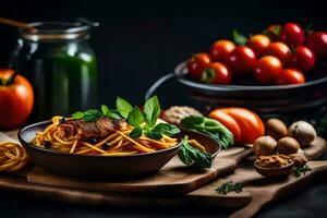 spaghetti con carne e verdure su un' di legno tavola. ai-generato foto