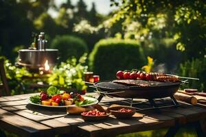 un' barbecue con cibo su un' tavolo nel il giardino. ai-generato foto