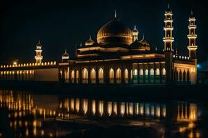 il moschea a notte con suo riflessione nel il acqua. ai-generato foto