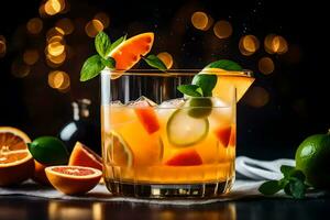 arancia cocktail con lime e menta su un' buio sfondo. ai-generato foto
