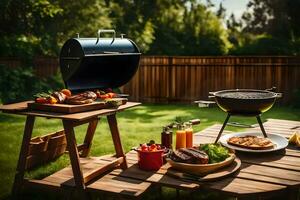 un' barbecue griglia su un' tavolo con cibo su esso. ai-generato foto