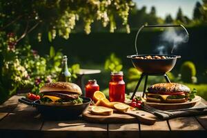 un' tavolo con hamburger e altro cibo su esso. ai-generato foto