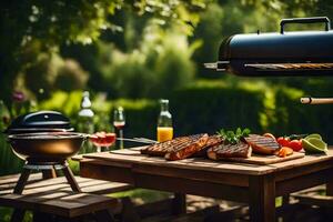 un' barbecue griglia con carne e verdure su esso. ai-generato foto