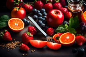 un' varietà di frutta e verdure siamo disposte su un' tavolo. ai-generato foto