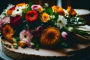 un' mazzo di colorato fiori su superiore di un' torta. ai-generato foto