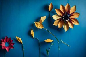 tre carta fiori su un' blu parete. ai-generato foto