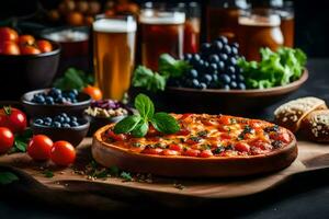Pizza con birra e verdure su un' di legno tavola. ai-generato foto