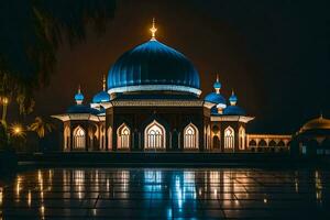 un' blu moschea illuminato su a notte. ai-generato foto