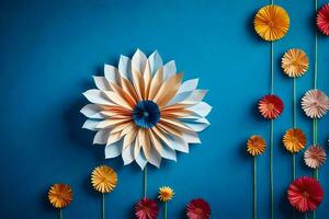 un' fiore fatto di carta è visualizzato su un' blu parete. ai-generato foto