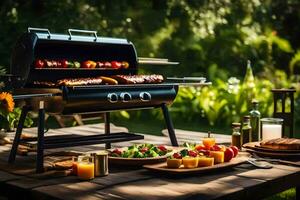 un' barbecue griglia con cibo su esso. ai-generato foto