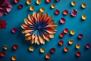 colorato carta fiori su un' blu sfondo. ai-generato foto
