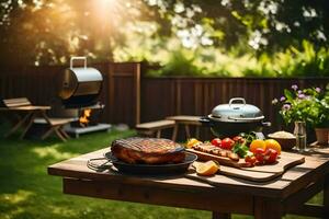 bbq griglia su un' tavolo nel il Giardino dietro la casa. ai-generato foto