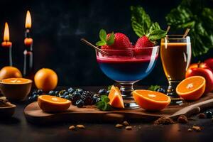 un' tavolo con frutta e succo. ai-generato foto