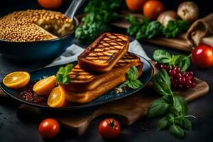 grigliato pane con verdure e erbe aromatiche su un' nero sfondo. ai-generato foto