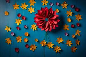 un' fiore fatto di carta su un' blu parete. ai-generato foto