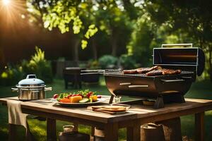 un' barbecue griglia su un' tavolo nel il giardino. ai-generato foto