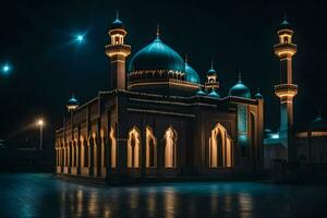 il moschea a notte nel dubai. ai-generato foto