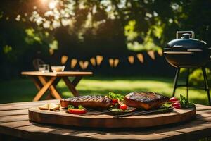 grigliato carne su un' di legno tavolo nel il giardino. ai-generato foto