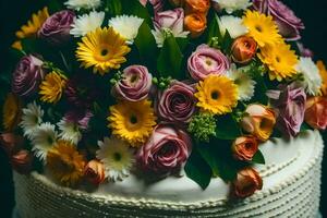 un' vicino su di un' bianca torta con colorato fiori. ai-generato foto