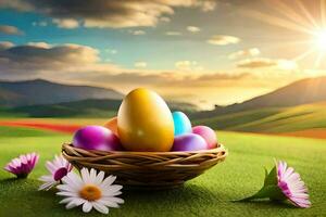 Pasqua uova nel un' cestino su il erba. ai-generato foto