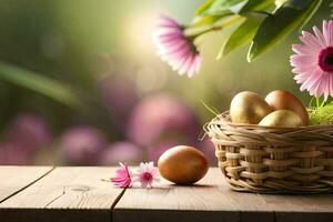 Pasqua uova nel un' cestino su un' di legno tavolo. ai-generato foto