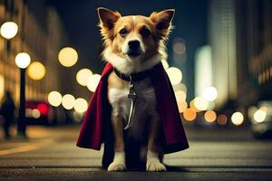 un' cane vestito come un' supereroe nel un' mantello. ai-generato foto