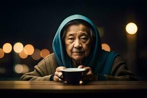 un anziano donna nel un' blu felpa con cappuccio Tenere un' tazza. ai-generato foto