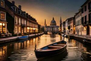 un' barca è attraccato nel un' canale a tramonto. ai-generato foto