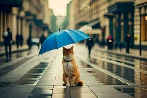 un' gatto seduta su il terra con un ombrello. ai-generato foto