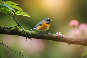 un' blu e giallo uccello si siede su un' ramo con rosa fiori. ai-generato foto