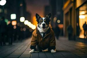 un' cane indossare un' giacca e cravatta su il strada. ai-generato foto