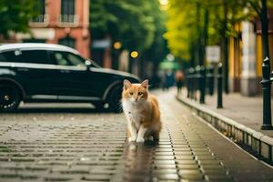 un arancia e bianca gatto a piedi giù un' ciottolo strada. ai-generato foto