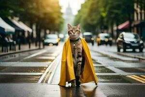 un' gatto indossare un' giallo impermeabile su un' città strada. ai-generato foto