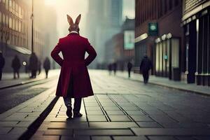 un' uomo nel un' rosso cappotto e coniglio orecchie a piedi giù un' strada. ai-generato foto