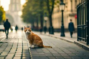 un arancia e bianca gatto seduta su il strada. ai-generato foto