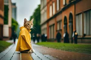 un' gatto nel un' giallo impermeabile seduta su il marciapiede. ai-generato foto