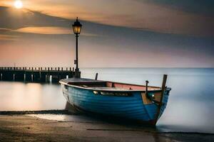 un' barca si siede su il spiaggia a tramonto. ai-generato foto