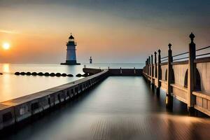 un' lungo esposizione fotografia di un' faro a tramonto. ai-generato foto