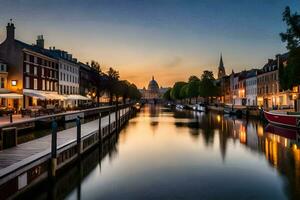 un' canale nel il mezzo di un' città a tramonto. ai-generato foto