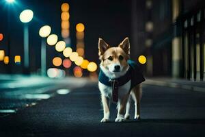 un' cane nel un' completo da uomo in piedi su un' strada a notte. ai-generato foto