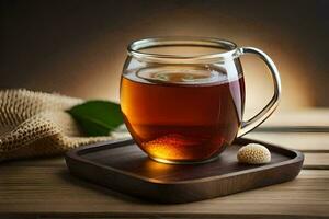 un' bicchiere di tè su un' di legno vassoio. ai-generato foto