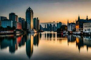 il città orizzonte è riflessa nel il acqua a tramonto. ai-generato foto