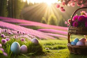 Pasqua uova nel un' cestino nel il campo. ai-generato foto