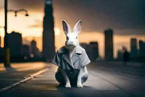 un' coniglio indossare un' completo da uomo e cravatta si siede su il strada. ai-generato foto