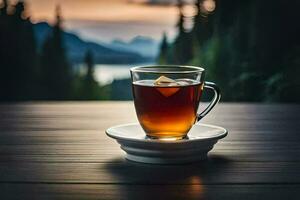 un' tazza di tè su un' tavolo nel davanti di un' montagna. ai-generato foto