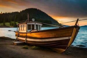 un' barca si siede su il riva a tramonto. ai-generato foto