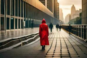 un' donna nel un' rosso cappotto a piedi giù un' strada. ai-generato foto