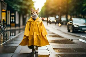 un' gatto nel un' giallo impermeabile a piedi giù un' strada. ai-generato foto