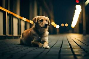 un' cane seduta su il marciapiede a notte. ai-generato foto