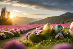 Pasqua uova nel un' campo con viola fiori. ai-generato foto